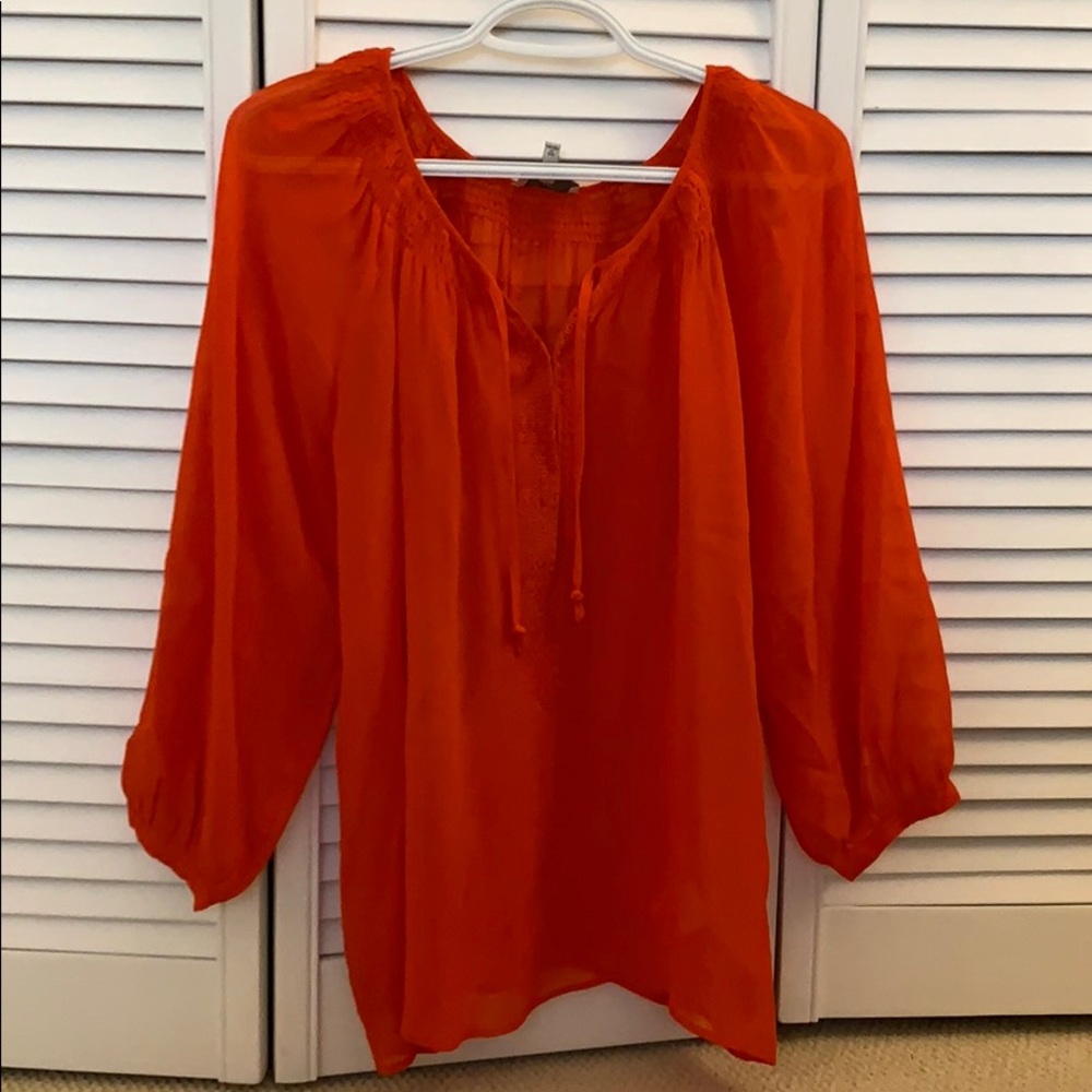 Joie red orange peasant top with embroidery XS